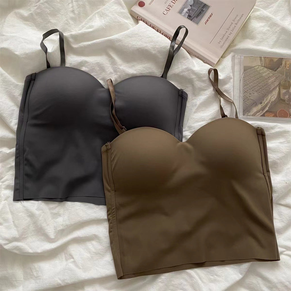 Womens Ice Silk Strapless Camisole with Fixed Cups
