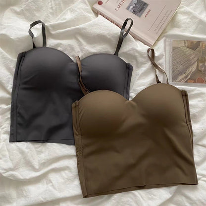 Womens Ice Silk Strapless Camisole with Fixed Cups