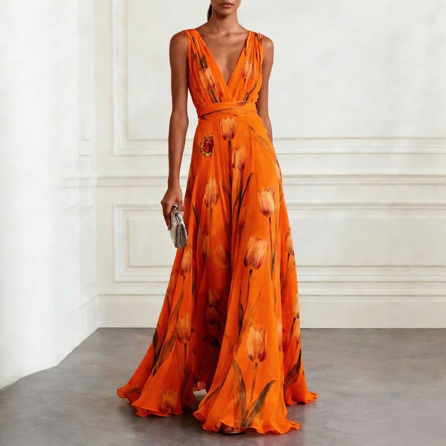 Elegant Floral Print V-Neck Long Dress