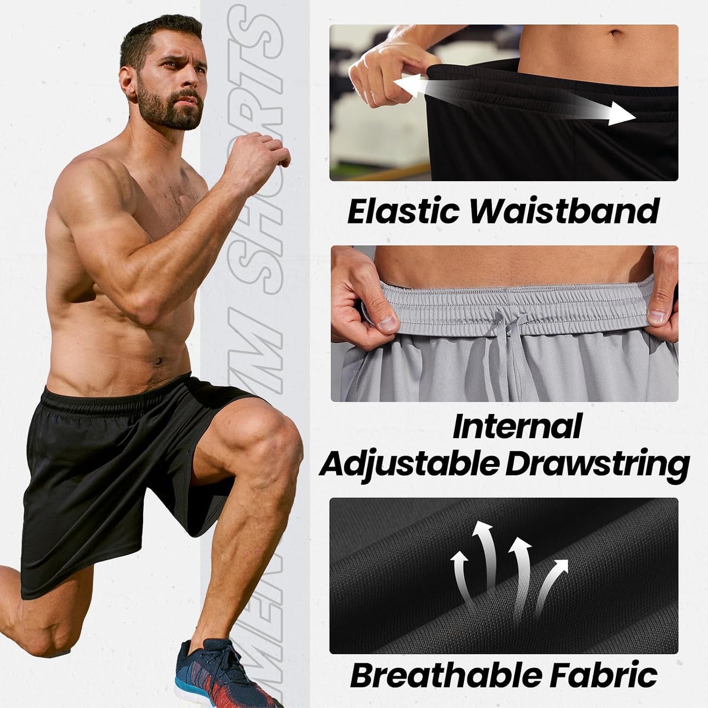 Mens Athletic Shorts with Pockets Quick Dry Workout Shorts Men | Basketball Gym Running Fitness Shorts with Elastic Waistband, Daily Casual Sports Activewear, Soft Lightweight Breathable