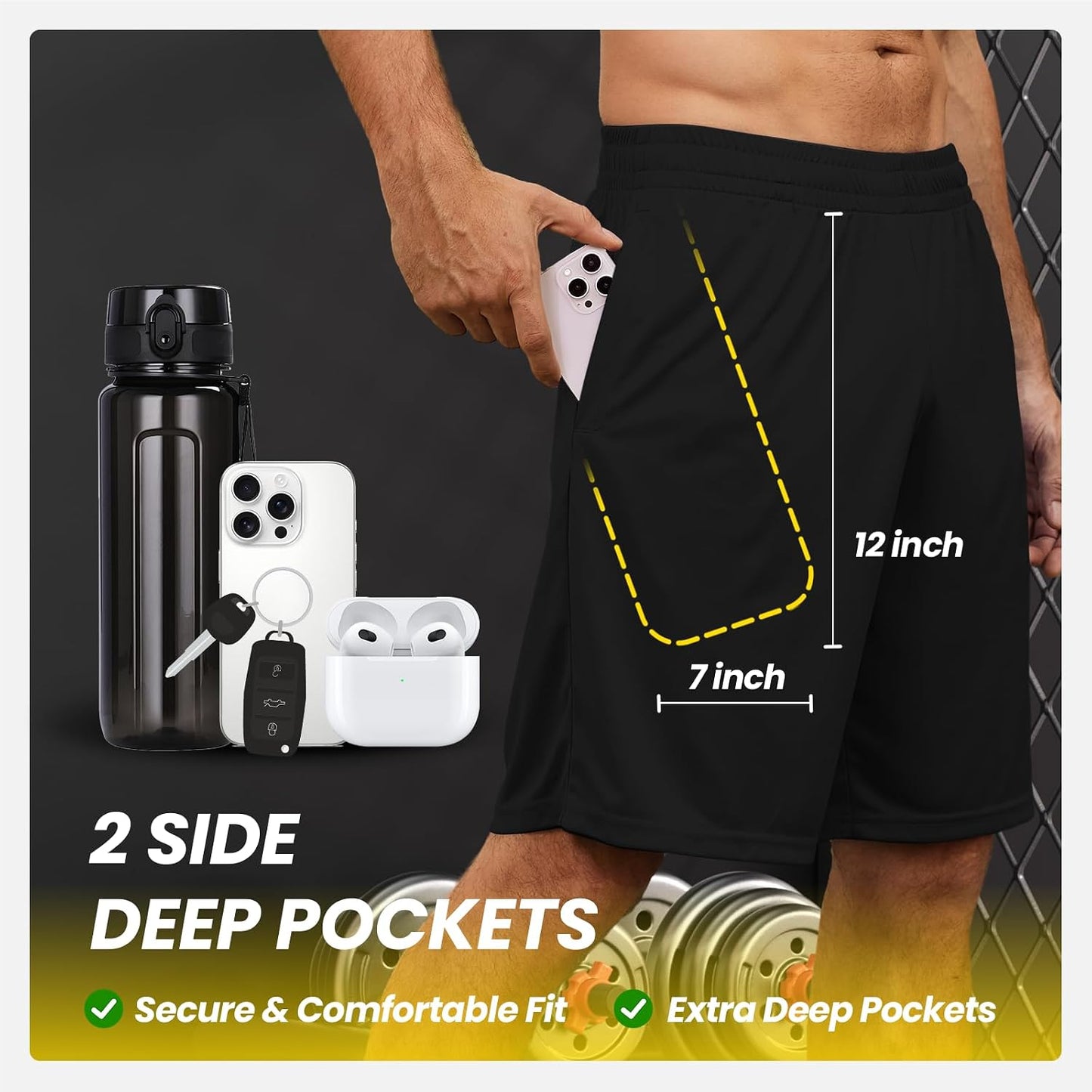 Mens Athletic Shorts with Pockets Quick Dry Workout Shorts Men | Basketball Gym Running Fitness Shorts with Elastic Waistband, Daily Casual Sports Activewear, Soft Lightweight Breathable