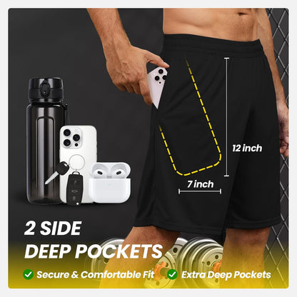 Mens Athletic Shorts with Pockets Quick Dry Workout Shorts Men | Basketball Gym Running Fitness Shorts with Elastic Waistband, Daily Casual Sports Activewear, Soft Lightweight Breathable