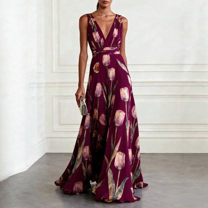 Elegant Floral Print V-Neck Long Dress
