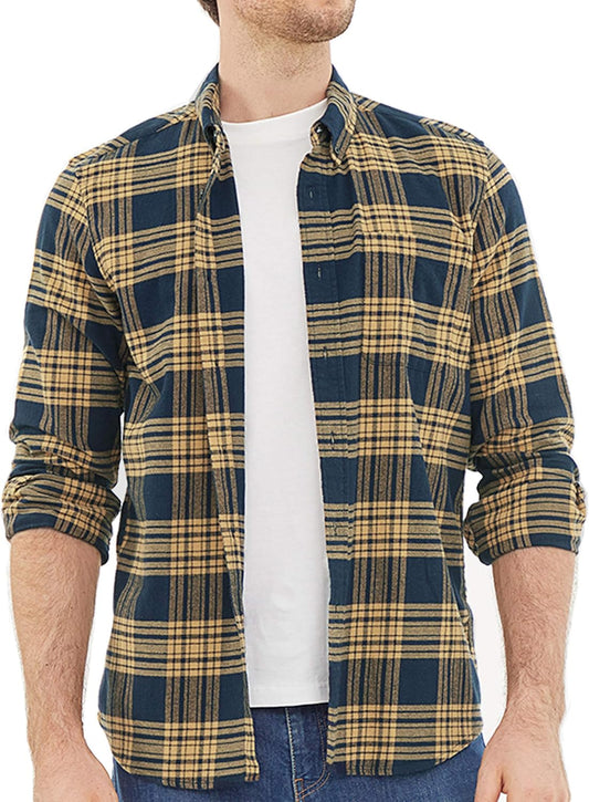 ® 6 Oz Flannel Shirt for Men Cotton Casual Button down Long Sleeve | 100% Cotton Flannel Cozy Vintage Work One Pocket Plaid Soft Lightweight Warm Easy Care Regular Fit Mens Fall Shirts