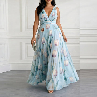 Elegant Floral Print V-Neck Long Dress