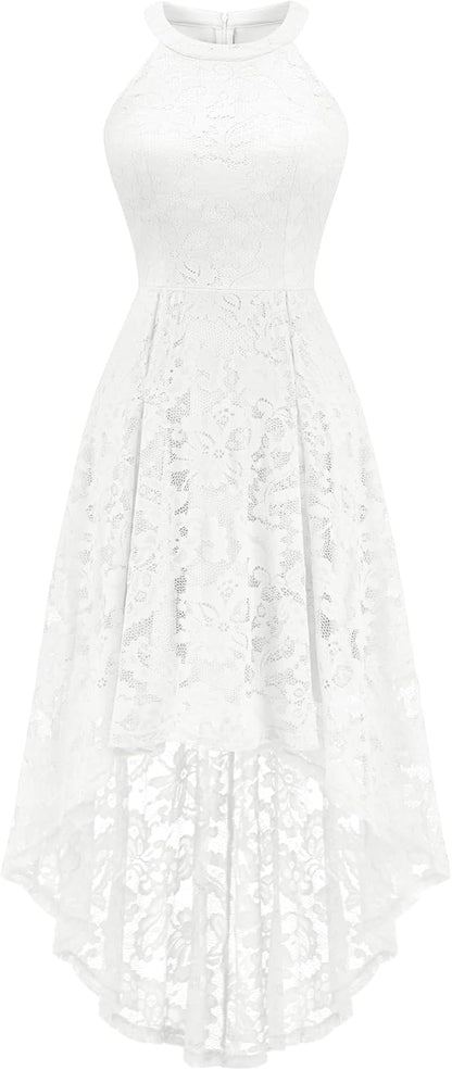 Women Halter Lace Hi Lo Wedding Guest Cocktail Formal Dress | Bridesmaid Wedding Dresses,Sleeveless,Halter Top Neckline,High Low Hem,Elegant a Line Design,Soft Floral Lace Party Dress