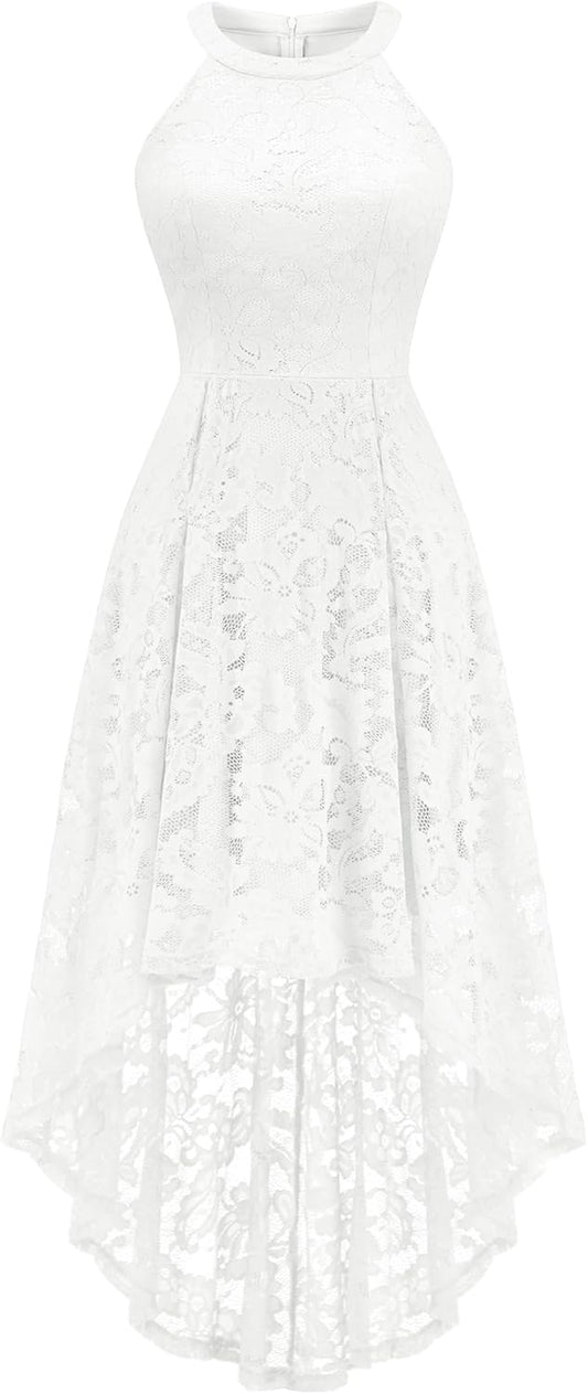 Women Halter Lace Hi Lo Wedding Guest Cocktail Formal Dress | Bridesmaid Wedding Dresses,Sleeveless,Halter Top Neckline,High Low Hem,Elegant a Line Design,Soft Floral Lace Party Dress