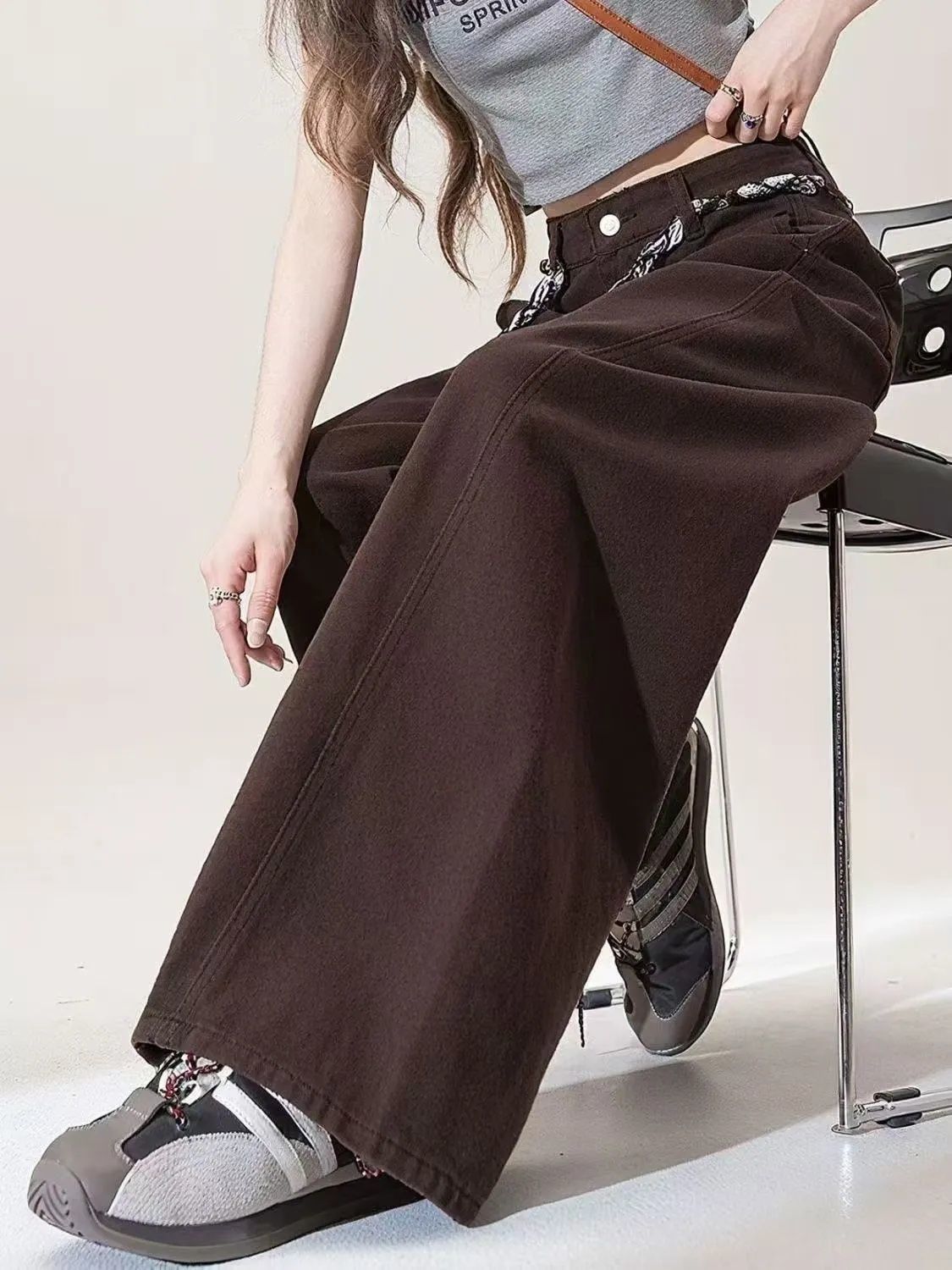 Women's retro high-waisted wide-leg curved-knife jeans