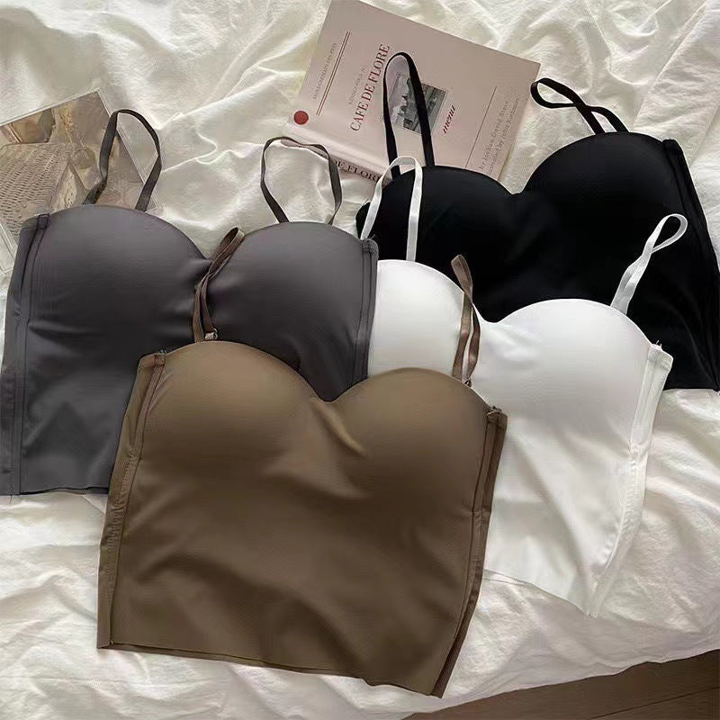 Womens Ice Silk Strapless Camisole with Fixed Cups