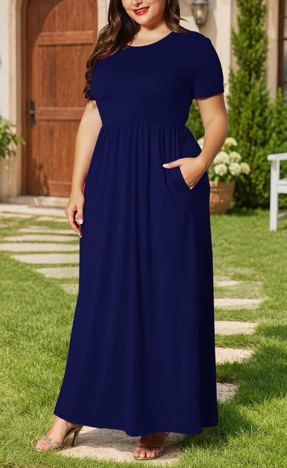 Women plus Size Maxi Dress Short Sleeve round Neck Loose Fit A-Line | plus Size Long Dress,Summer Casual Maxi Dresses,Short Sleeve,Side Pockets,Round Neck,Elastic Waist,14 plus – 26 Plus