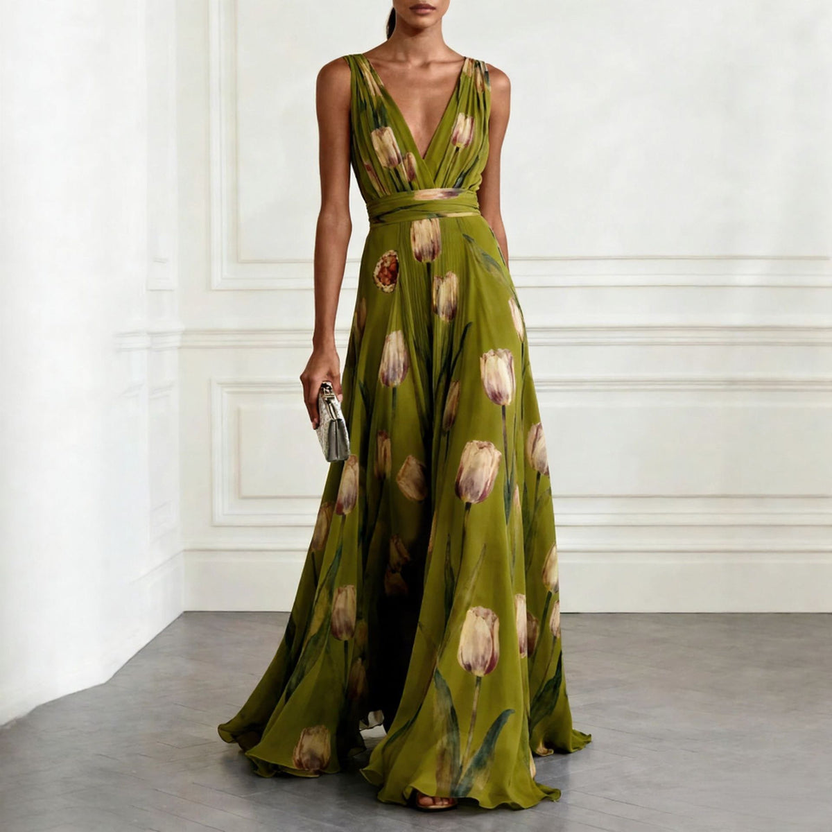 Elegant Floral Print V-Neck Long Dress