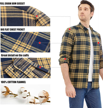 ® 6 Oz Flannel Shirt for Men Cotton Casual Button down Long Sleeve | 100% Cotton Flannel Cozy Vintage Work One Pocket Plaid Soft Lightweight Warm Easy Care Regular Fit Mens Fall Shirts