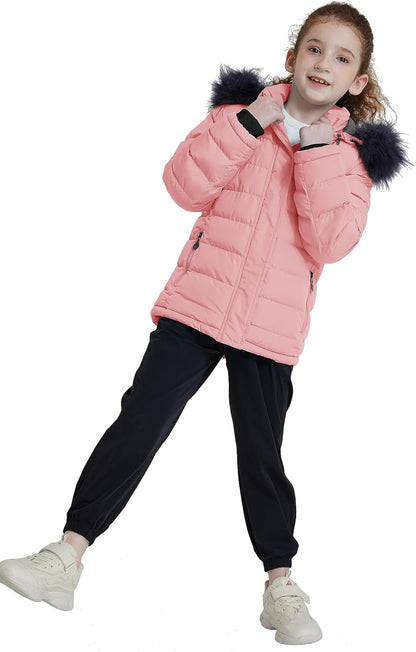 Girls' Puffer Jacket Soft Fleece Lined Warm Hooded Winter Coat | Waterproof 3000Mm,Windproof,Removable Faux Fur Hood,Thicken Insulation,Zip Pockets,Winter Daily Wear or School Commutes