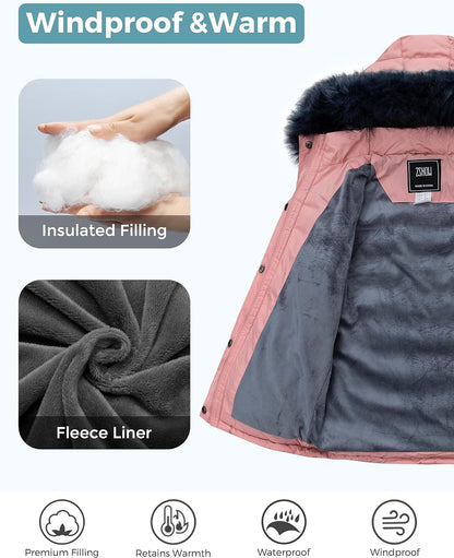 Girls' Puffer Jacket Soft Fleece Lined Warm Hooded Winter Coat | Waterproof 3000Mm,Windproof,Removable Faux Fur Hood,Thicken Insulation,Zip Pockets,Winter Daily Wear or School Commutes