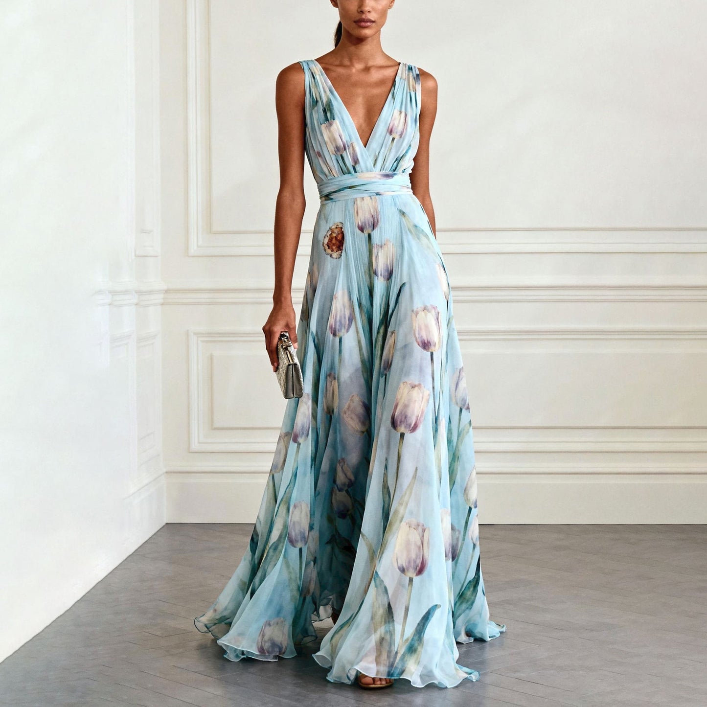 Elegant Floral Print V-Neck Long Dress