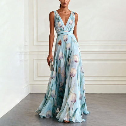 Elegant Floral Print V-Neck Long Dress