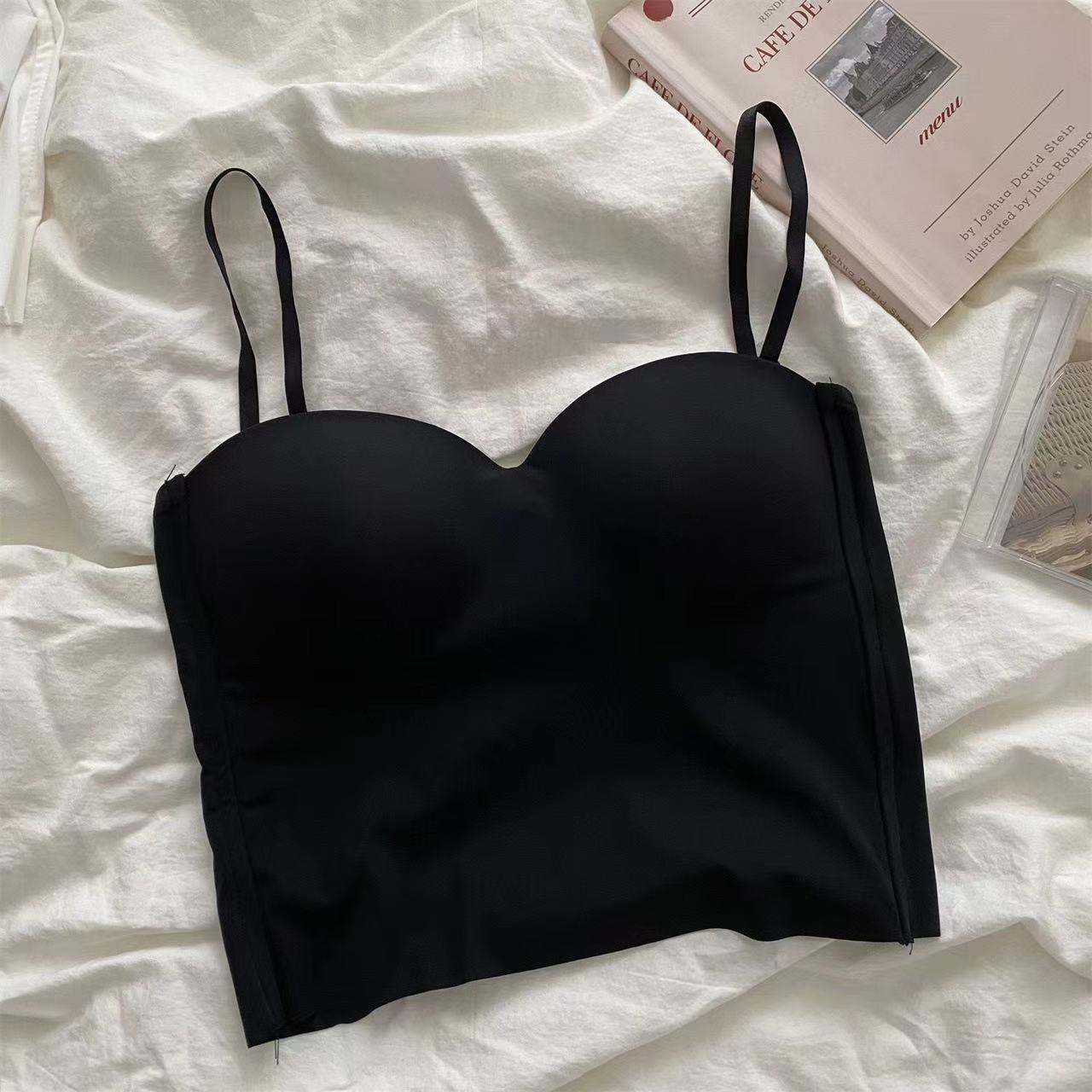 Womens Ice Silk Strapless Camisole with Fixed Cups
