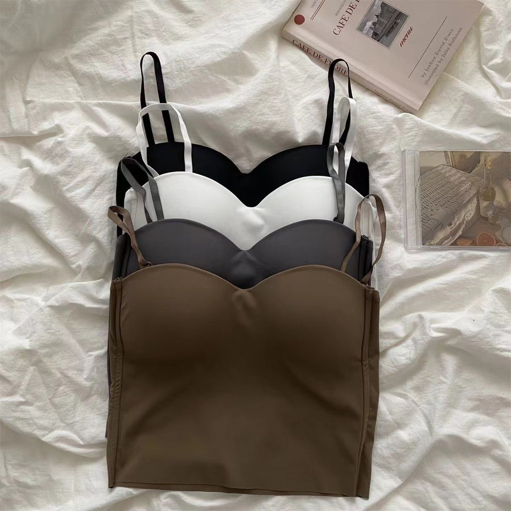 Womens Ice Silk Strapless Camisole with Fixed Cups