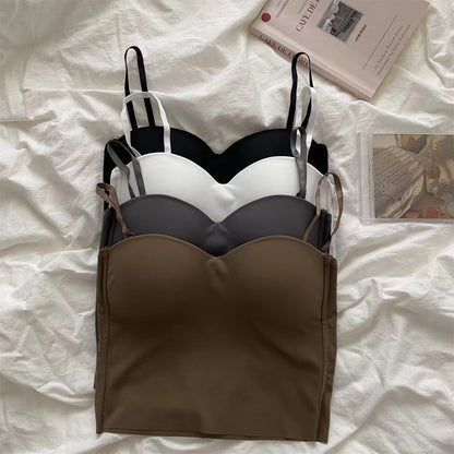 Womens Ice Silk Strapless Camisole with Fixed Cups