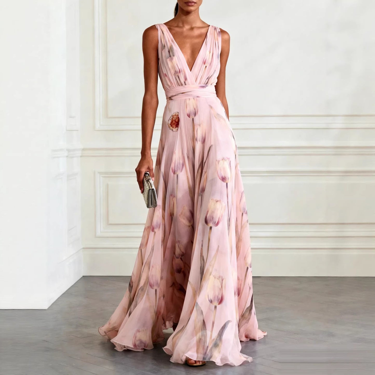 Elegant Floral Print V-Neck Long Dress