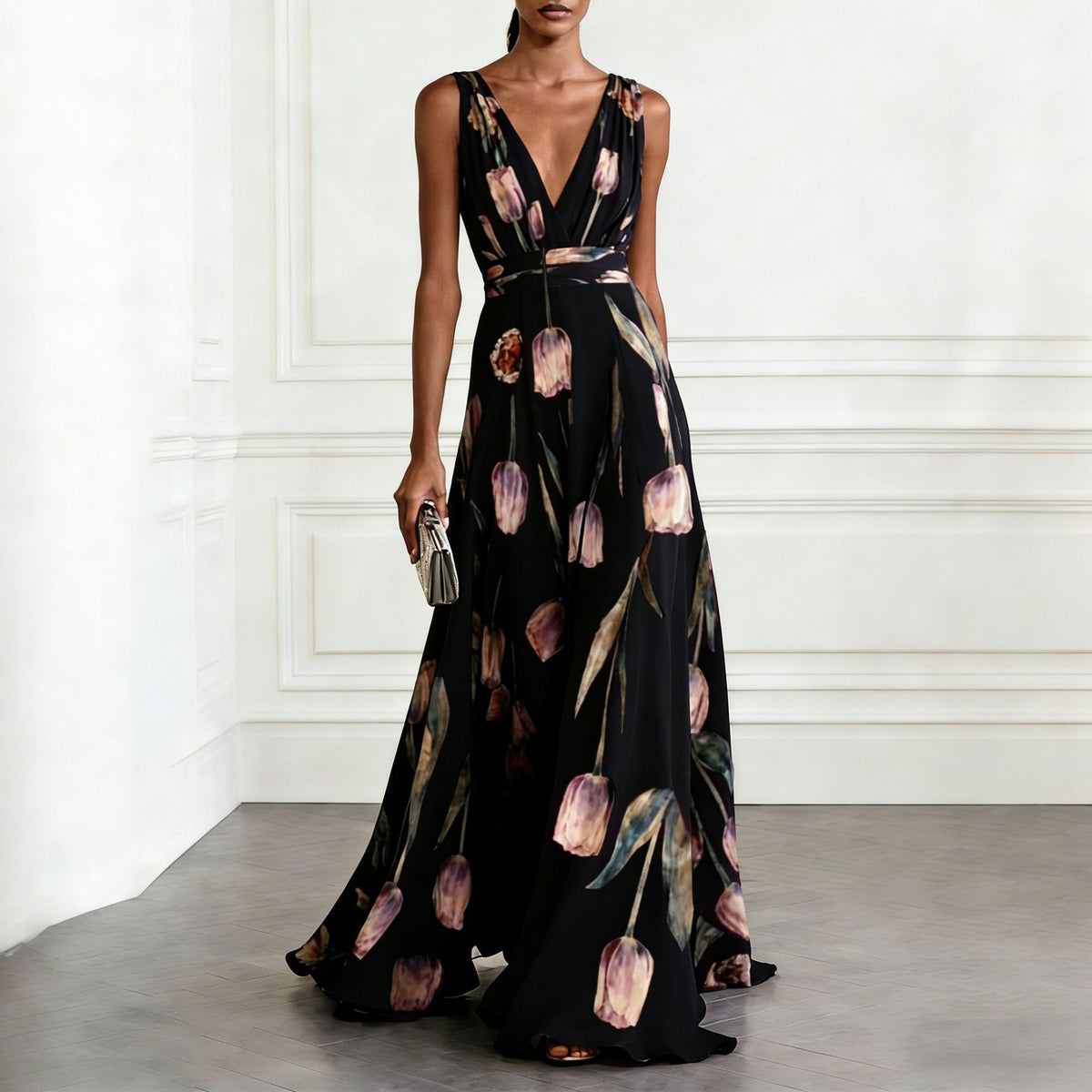 Elegant Floral Print V-Neck Long Dress