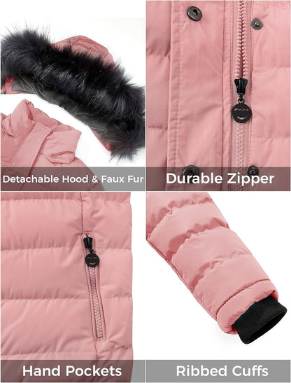 Girls' Puffer Jacket Soft Fleece Lined Warm Hooded Winter Coat | Waterproof 3000Mm,Windproof,Removable Faux Fur Hood,Thicken Insulation,Zip Pockets,Winter Daily Wear or School Commutes