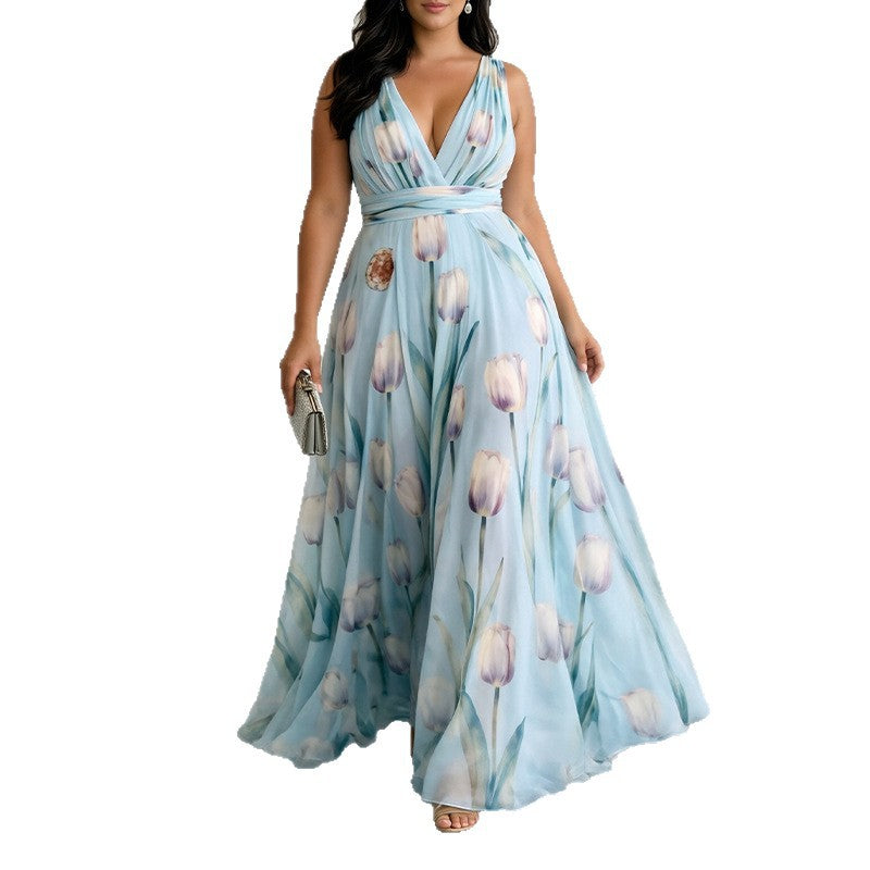 Elegant Floral Print V-Neck Long Dress