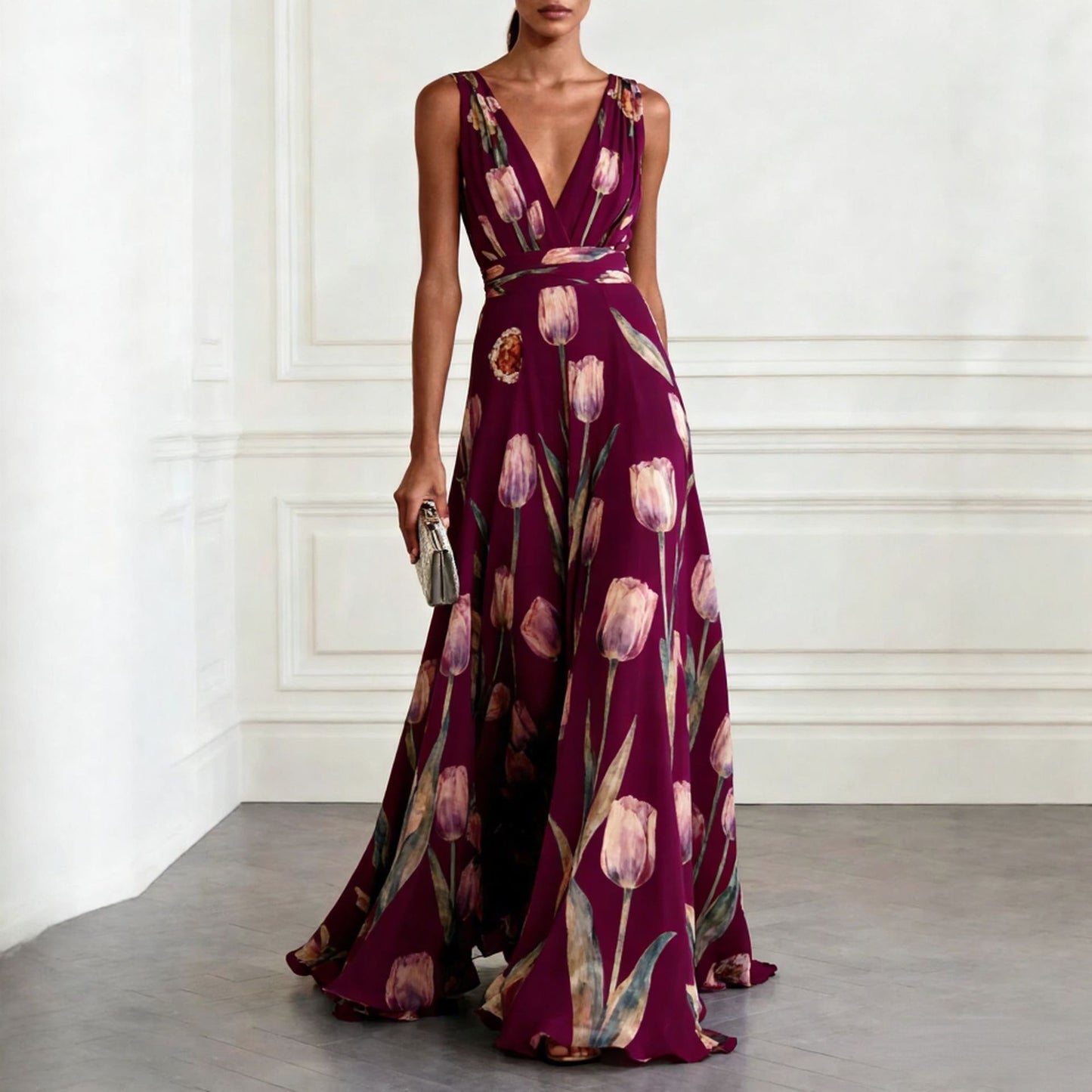 Elegant Floral Print V-Neck Long Dress