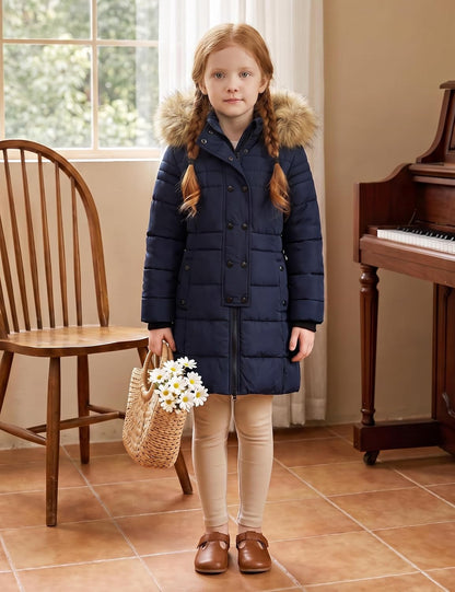 Girls' Long Winter Coat Waterproof Warm Puffer Jacket Hooded Parka | 5000Mm Waterproof, Hood with Removable Faux Fur, Machine Washable, Windproof, for Daily, Snow, School, Outdoor