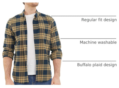 ® 6 Oz Flannel Shirt for Men Cotton Casual Button down Long Sleeve | 100% Cotton Flannel Cozy Vintage Work One Pocket Plaid Soft Lightweight Warm Easy Care Regular Fit Mens Fall Shirts
