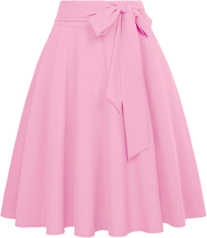 Women High Waisted a Line Skirt with Pockets | Vintage, Flare, below the Knee, Midi, Spring Summer Fall, Self-Tie Bow-Knot, Dressy Casual Skirts for Work, Business, 1950S