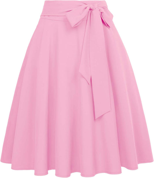 Women High Waisted a Line Skirt with Pockets | Vintage, Flare, below the Knee, Midi, Spring Summer Fall, Self-Tie Bow-Knot, Dressy Casual Skirts for Work, Business, 1950S