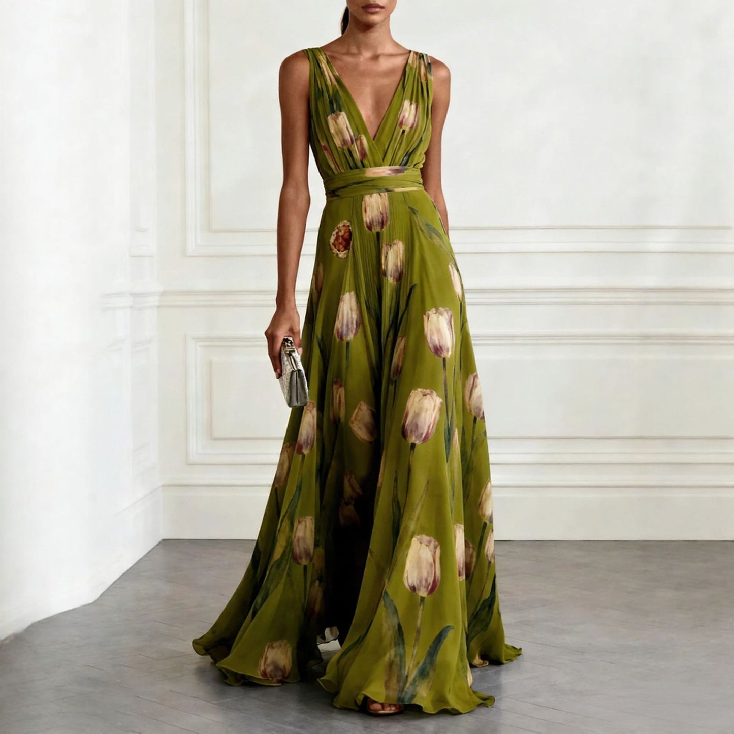 Elegant Floral Print V-Neck Long Dress