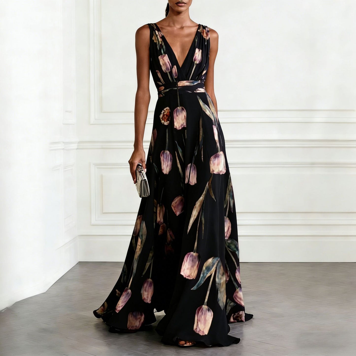 Elegant Floral Print V-Neck Long Dress