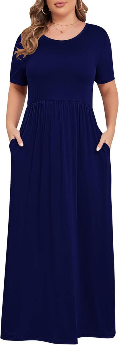 Women plus Size Maxi Dress Short Sleeve round Neck Loose Fit A-Line | plus Size Long Dress,Summer Casual Maxi Dresses,Short Sleeve,Side Pockets,Round Neck,Elastic Waist,14 plus – 26 Plus
