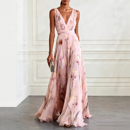 Elegant Floral Print V-Neck Long Dress